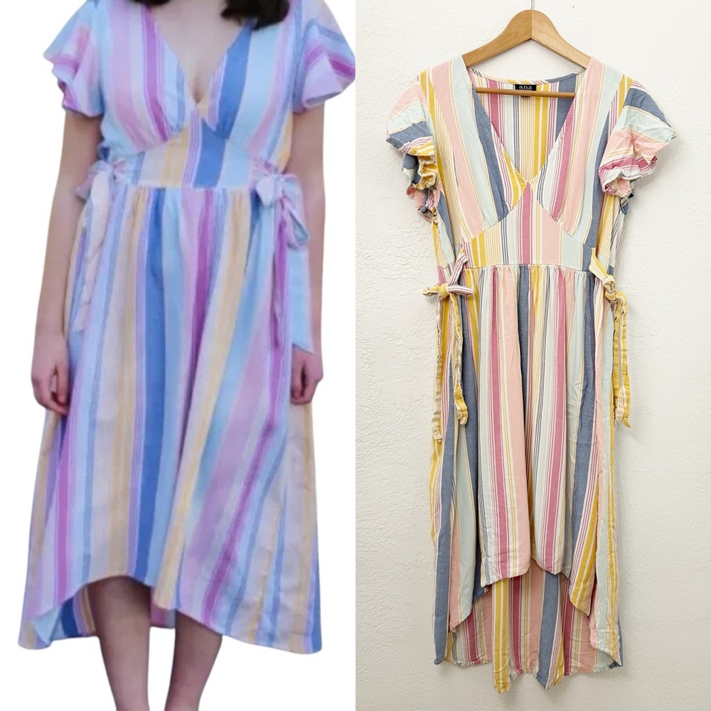 a.n.a A New Approach Rainbow Stripe Flutter Sleeve Midi Dress Size XL